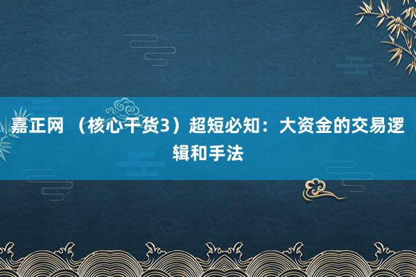 嘉正网 （核心干货3）超短必知：大资金的交易逻辑和手法